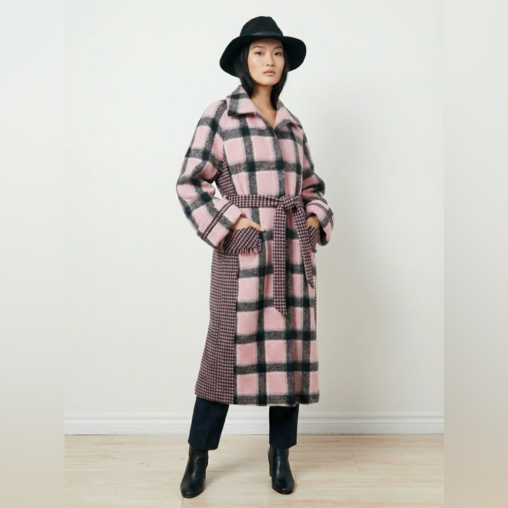 Plaid Pink and Black Long Belted Coat